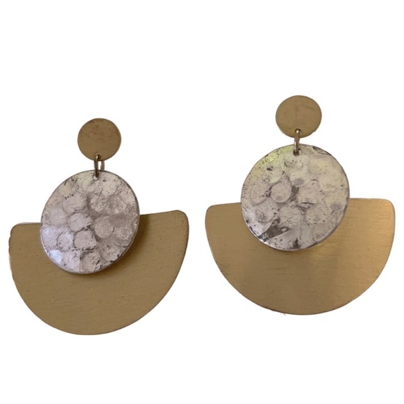 Gold and Silver Hammered Art Deco Metal Geometric Drop Earrings - Picture 3 of 5